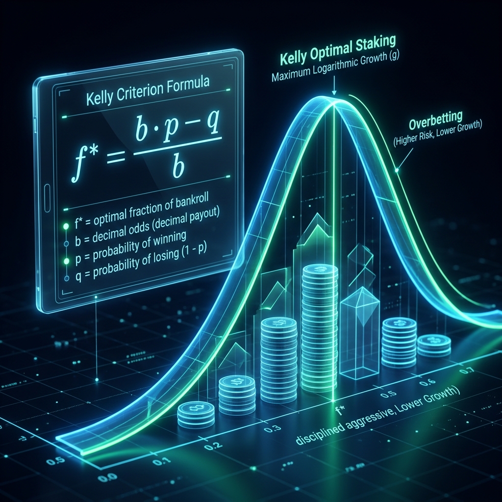 Premium financial chart depicting parabolic peak of logarithmic capital growth using the Kelly formula