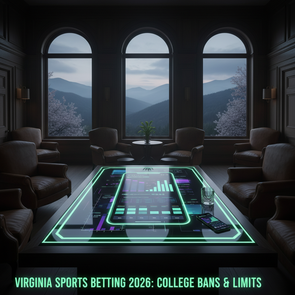 Infographic overview illustrating the legal status and market insights for sports betting in Virginia Sports Betting 2026 : College Bans & Live Betting Limits