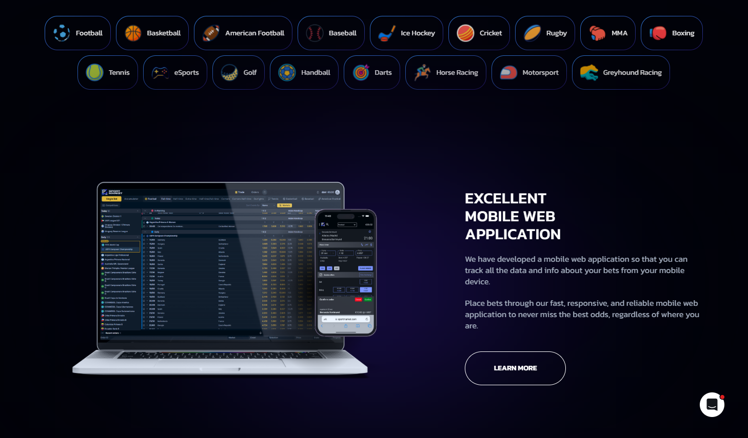 SportMarket Pro app and dashboard — betting interface showing markets, live odds and account management